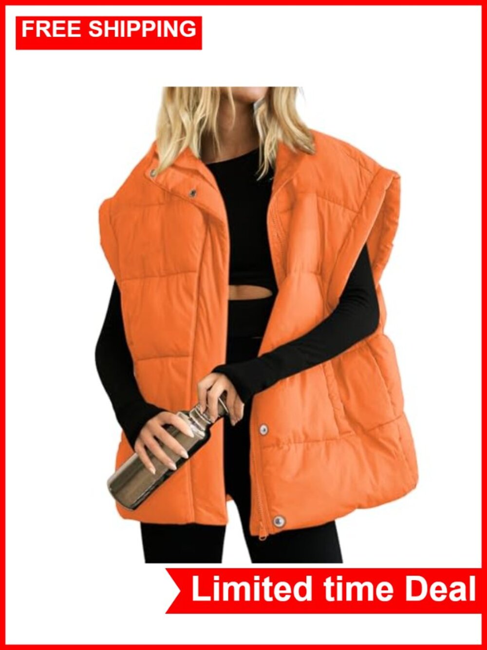 Oversized Puffer Vest Women Full Zip Quilted Sleeveless Warm Coat Outwear